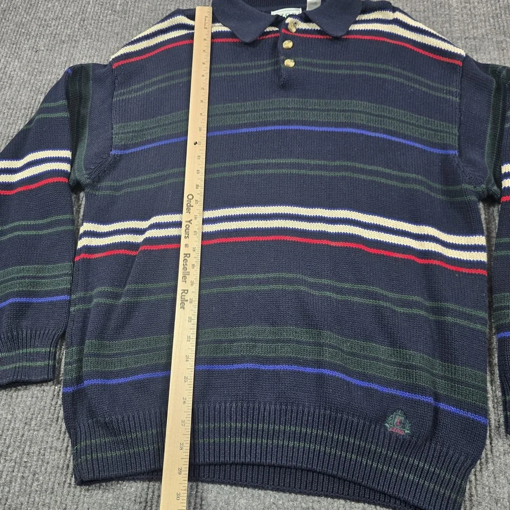 IZOD Sweater Mens Large Blue Multi Stripe Knit Polo Rugby Collar‎ Cotton Preppy